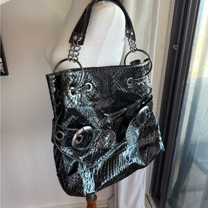 Black Patent Snake-Embossed Tote Bag